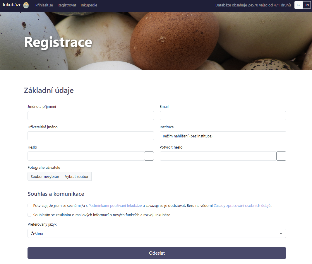 Registrační formulář Inkubáze
