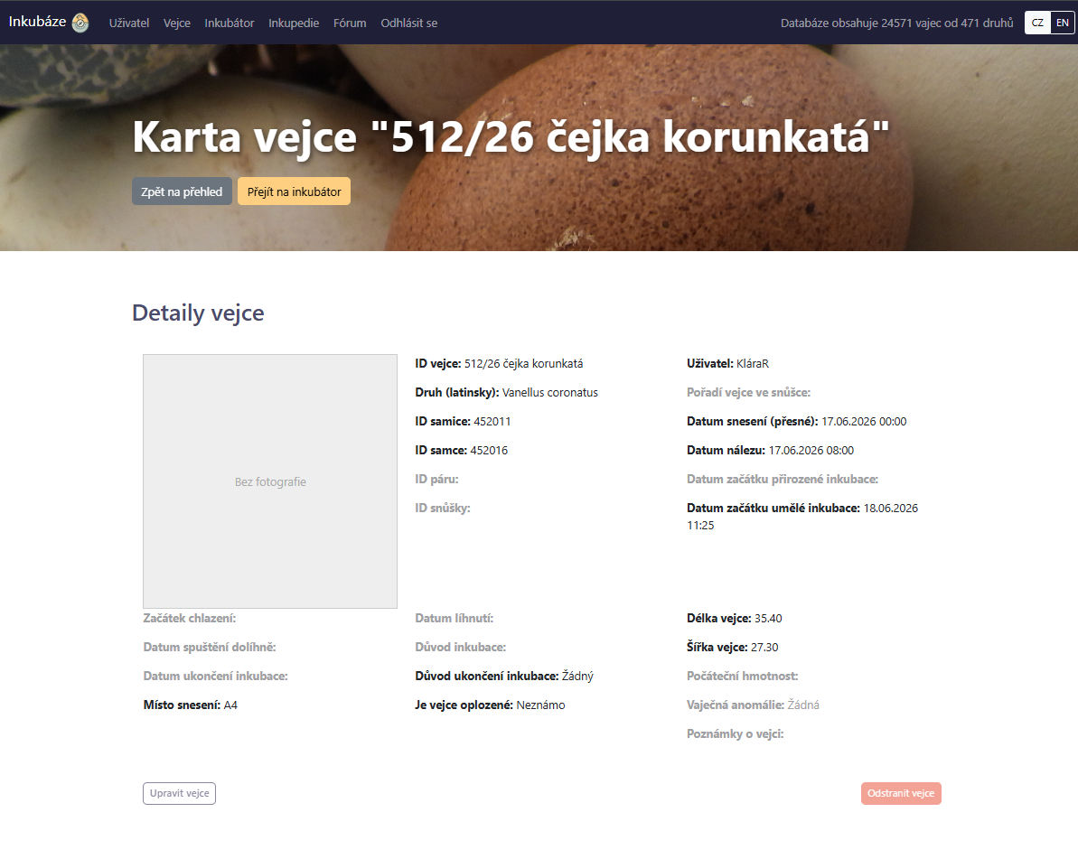 Popis vejce na kartě vejce